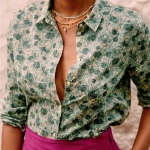 Sezane Pierro Shirt in Sage Green Peonies - FR Size 36